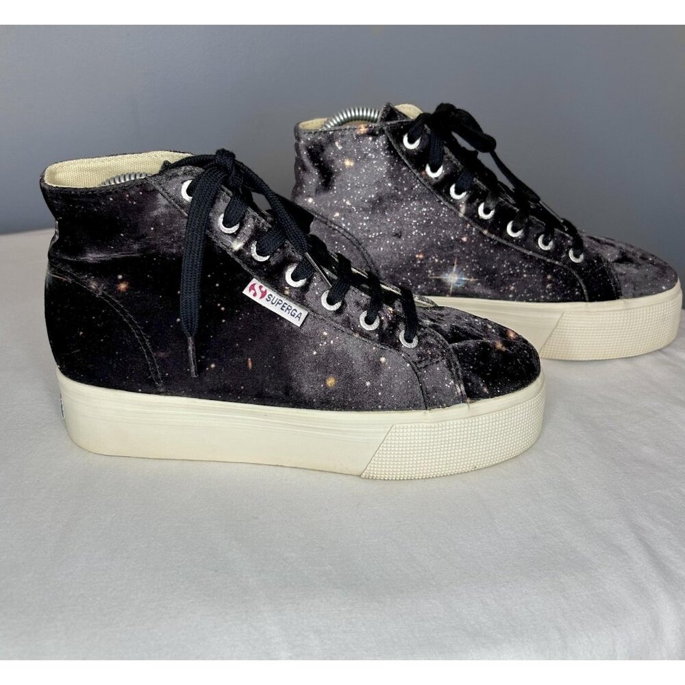 Superga Shoes Women's 7 Black Star Galaxy Print Velvet Platform High Top EU 37.5